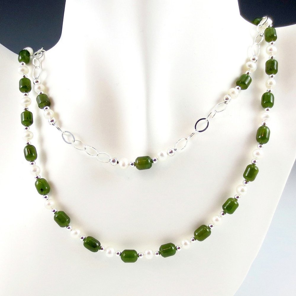 Jade, Pearl, and Sterling Silver 2-Strand Necklace